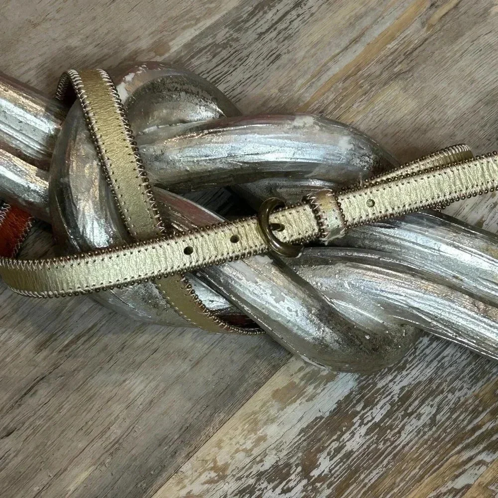 Vintage Gold Leather Beaded Edge Skinny Belt Size Medium